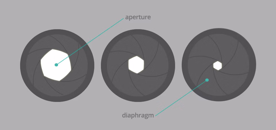 Camera lens diaphragm blades showing the aperture opening